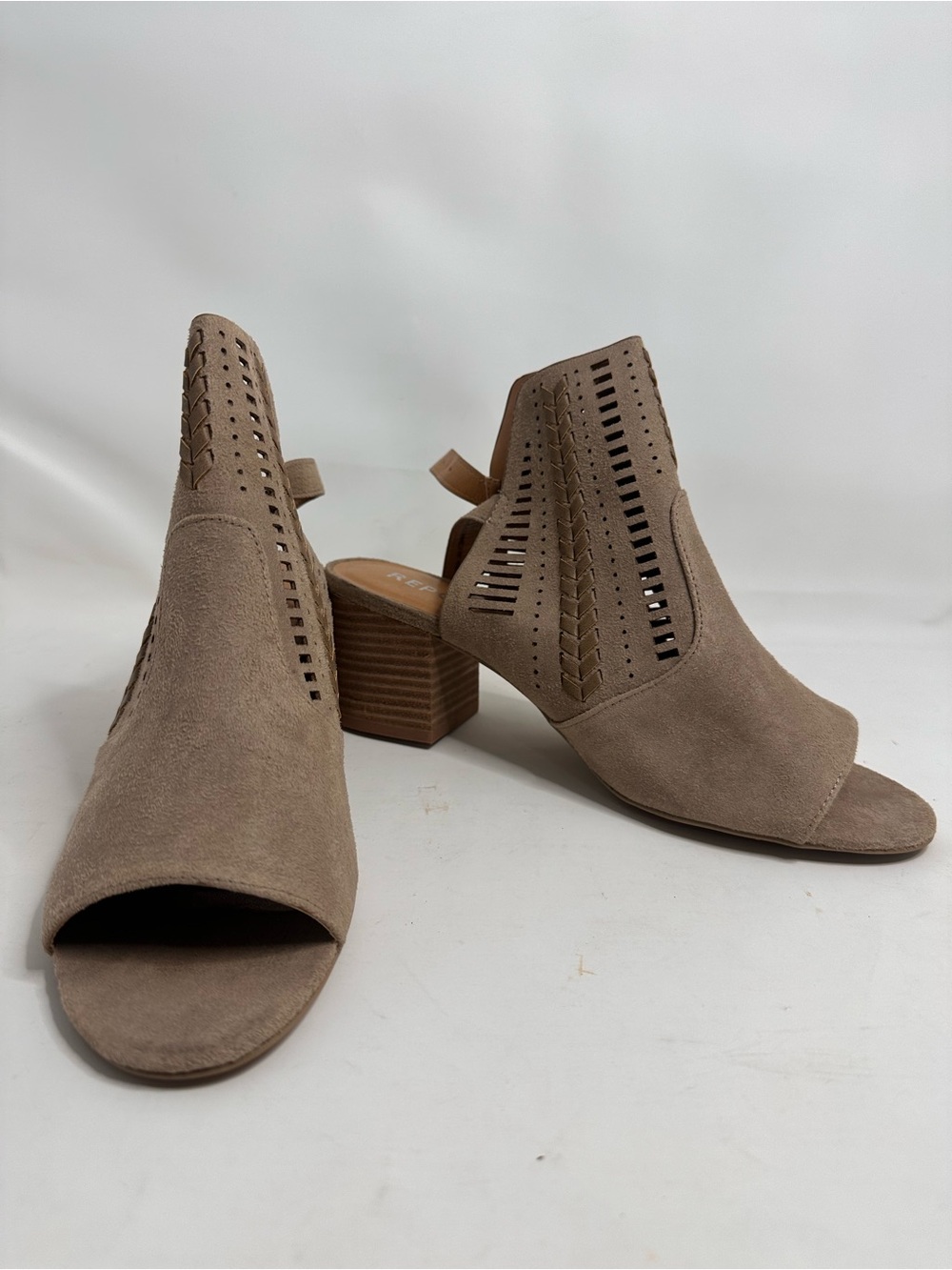Suede Peep-Toe Block Heel Sandals in Taupe